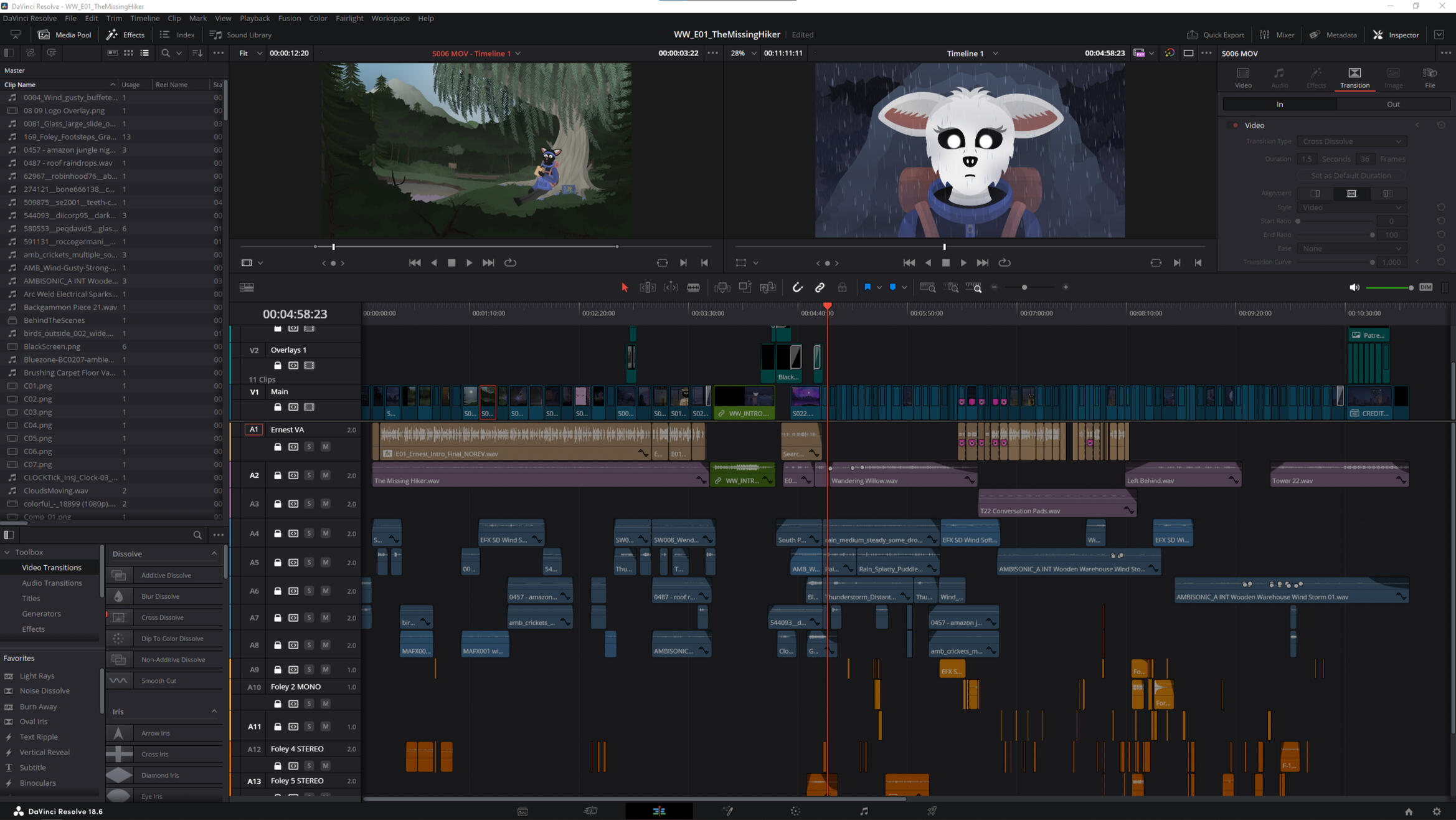 Screenshot of the editor timeline in Davinci Resolve for Where's Willow Episode 1. Created by Mitch Ran.