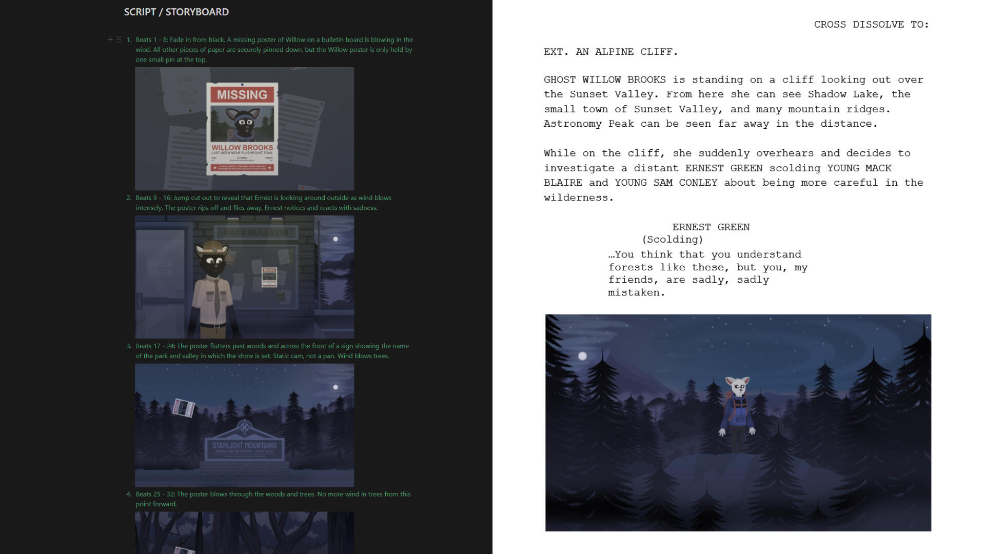 Screenshot of the storyboard and script for part of the Where's Willow intro theme. Created by Mitch Ran.