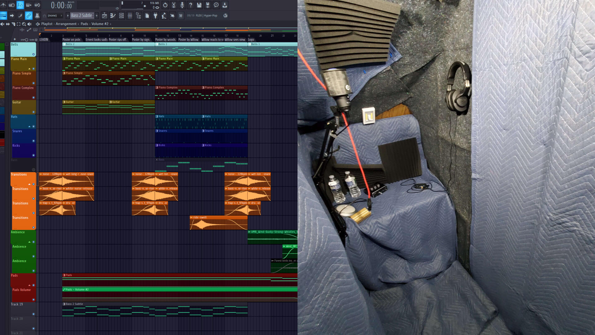 Screenshot of the FL Studio playlist for one version of the Where's Willow intro theme song, along with Mitch's microphone setup. Created by Mitch Ran.